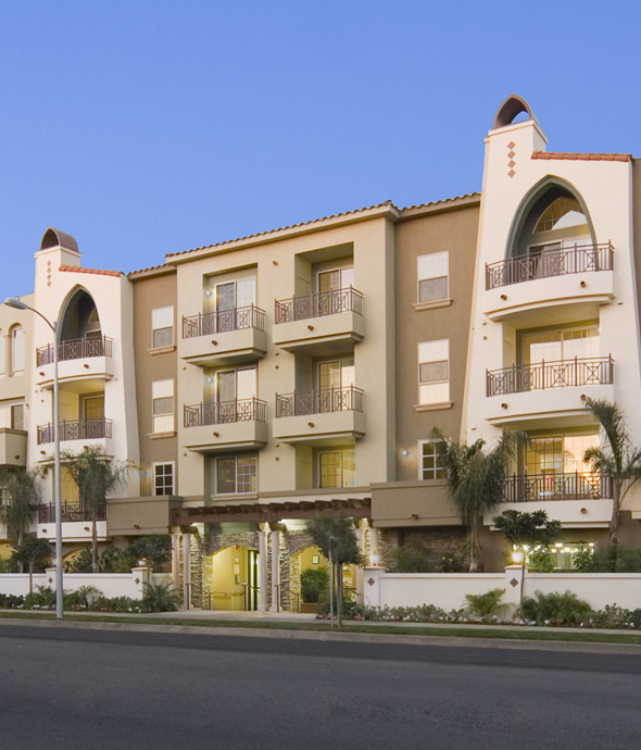 Exterior of BelaSera Fulton apartments with distinctive southwestern architecture.